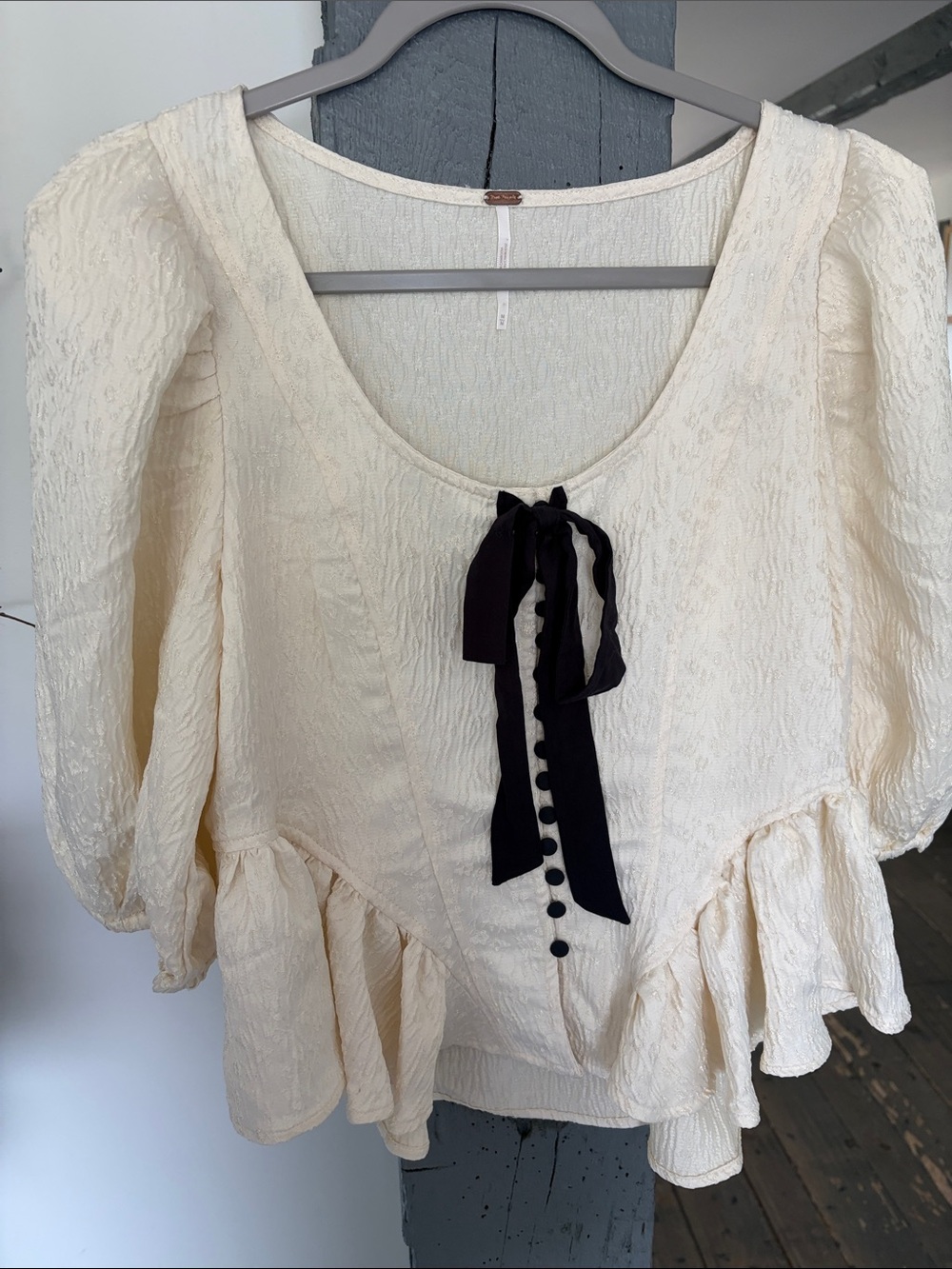 Cream Peplum Tie-Front Blouse with Button Detail BY FREE PEOPLE - Picture 6 of 7
